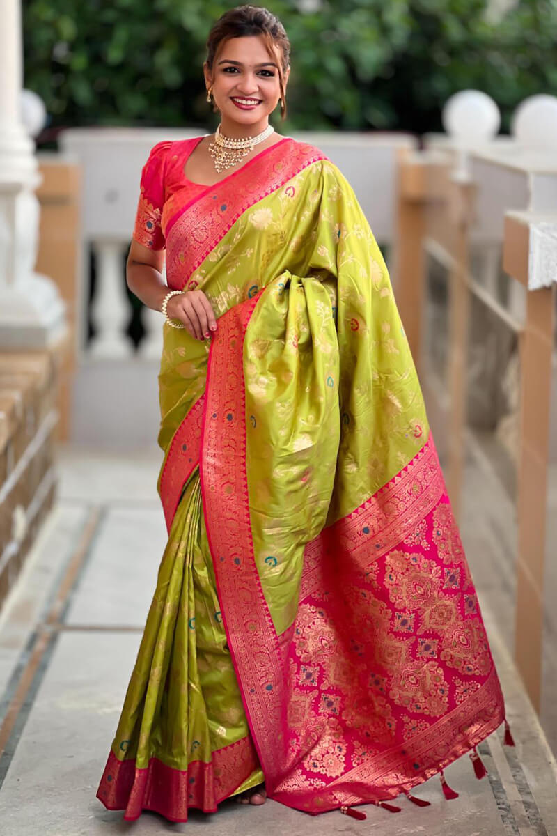 Improbable Mehndi Soft Banarasi Silk Saree With Resplendent Blouse Piece