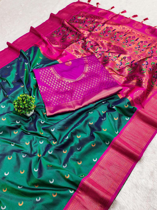 Panoply Rama Paithani Silk Saree With Magnetic Blouse Piece