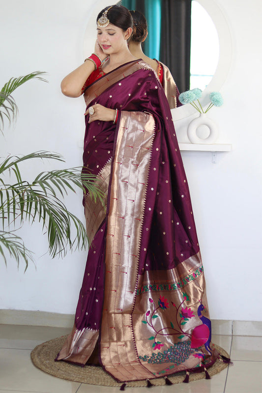 Exquisite Wine Paithani Silk Saree With Jubilant Blouse Piece