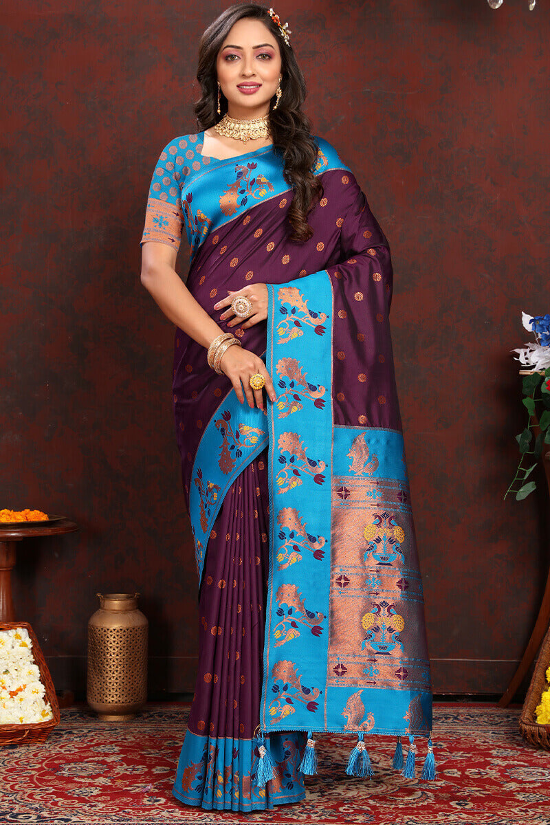 Extraordinary Wine Paithani Silk Saree With Gratifying Blouse Piece