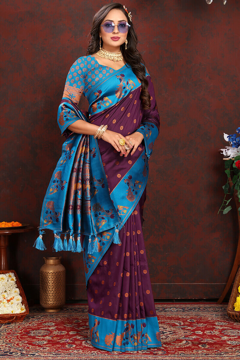 Extraordinary Wine Paithani Silk Saree With Gratifying Blouse Piece