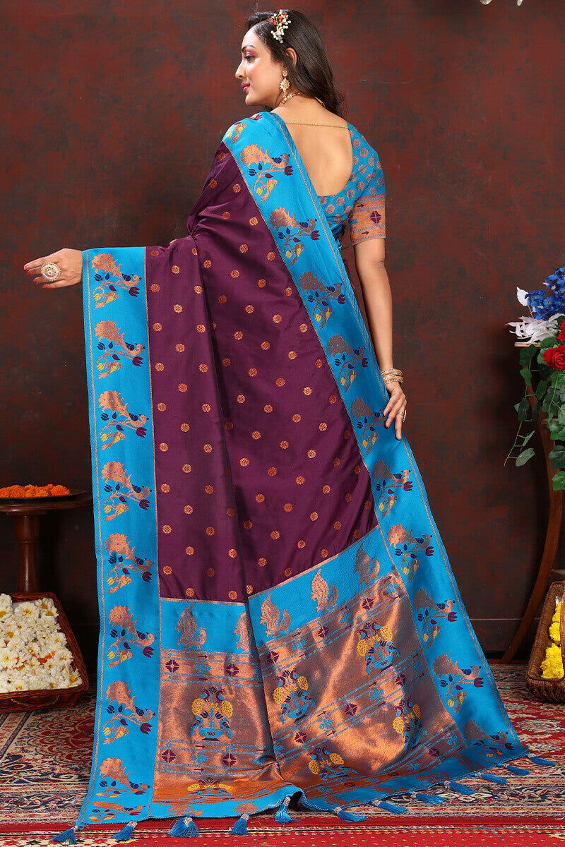 Extraordinary Wine Paithani Silk Saree With Gratifying Blouse Piece