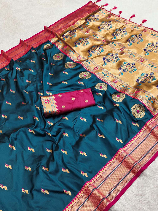 Panoply Teal Blue Paithani Silk Saree With Sumptuous Blouse Piece