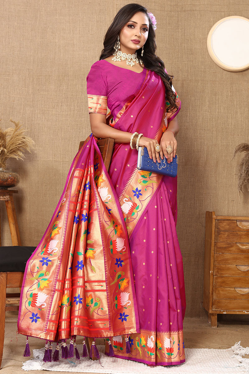 Fairytale Dark Pink Paithani Silk Saree With Beauteous Blouse Piece