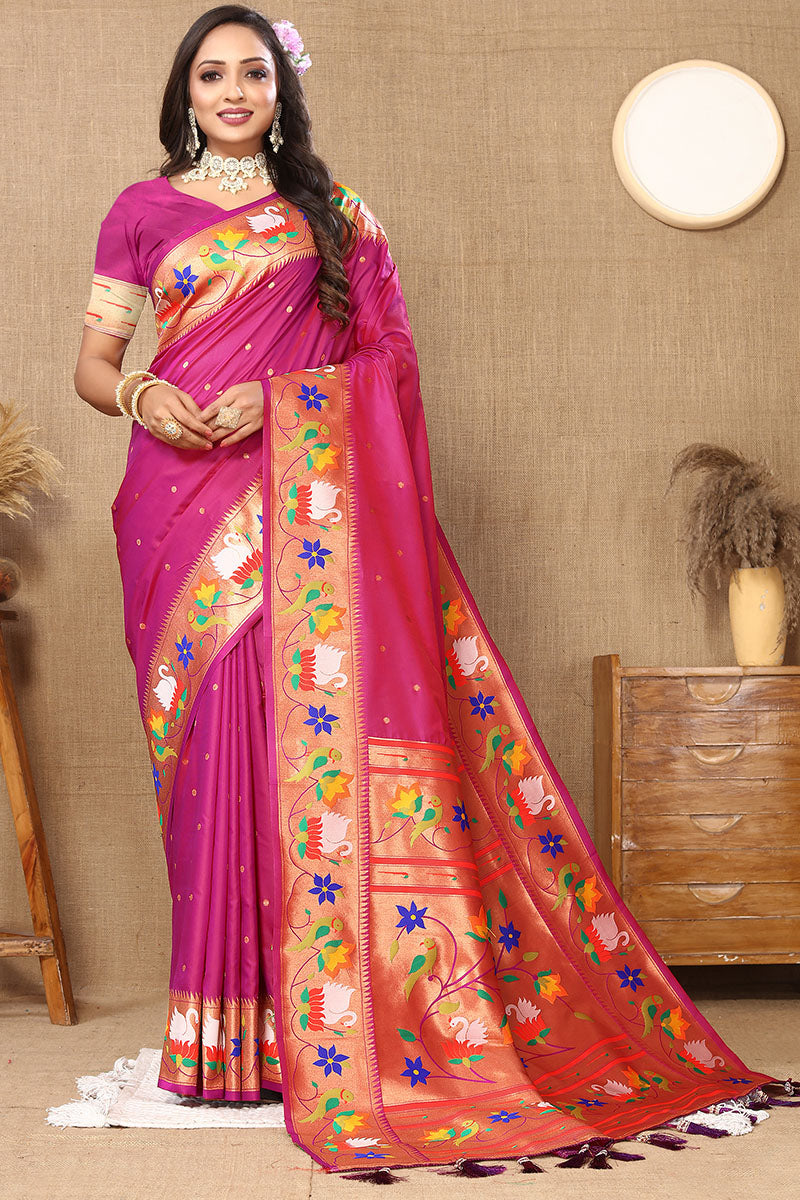 Fairytale Dark Pink Paithani Silk Saree With Beauteous Blouse Piece