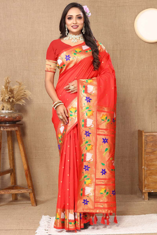 Beguiling Red Paithani Silk Saree With Embellished Blouse Piece