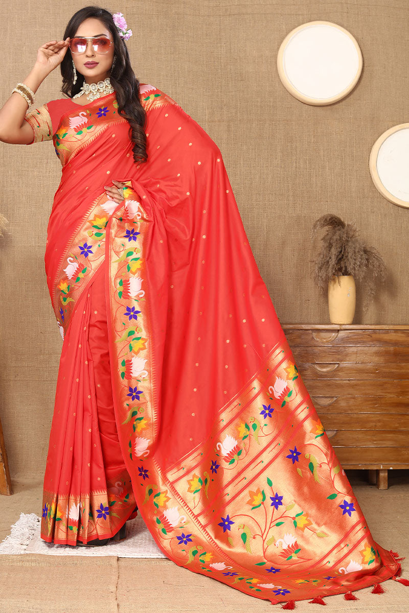 Beguiling Red Paithani Silk Saree With Embellished Blouse Piece