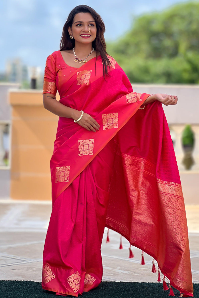 Dazzling Dark Pink Soft Banarasi Silk Saree With Prominent Blouse Piece