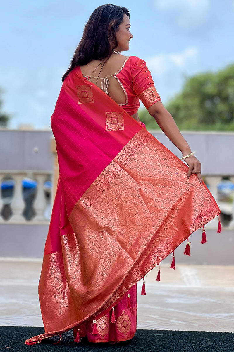 Dazzling Dark Pink Soft Banarasi Silk Saree With Prominent Blouse Piece