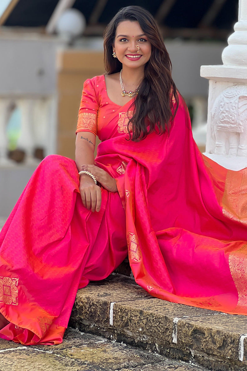 Dazzling Dark Pink Soft Banarasi Silk Saree With Prominent Blouse Piece