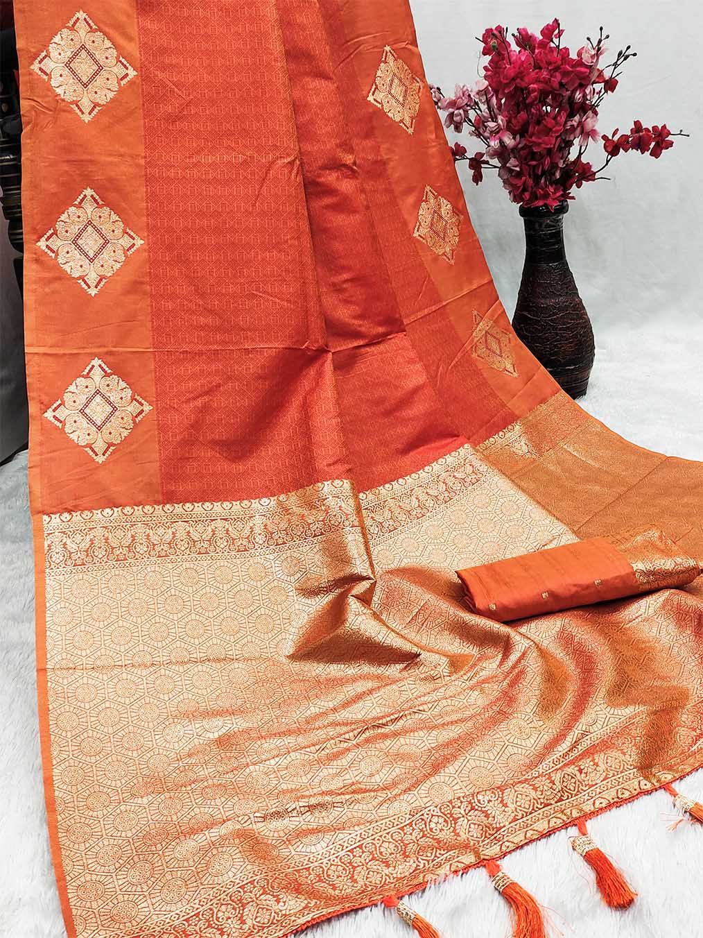 Inspiring Orange Soft Banarasi Silk Saree With Divine Blouse Piece