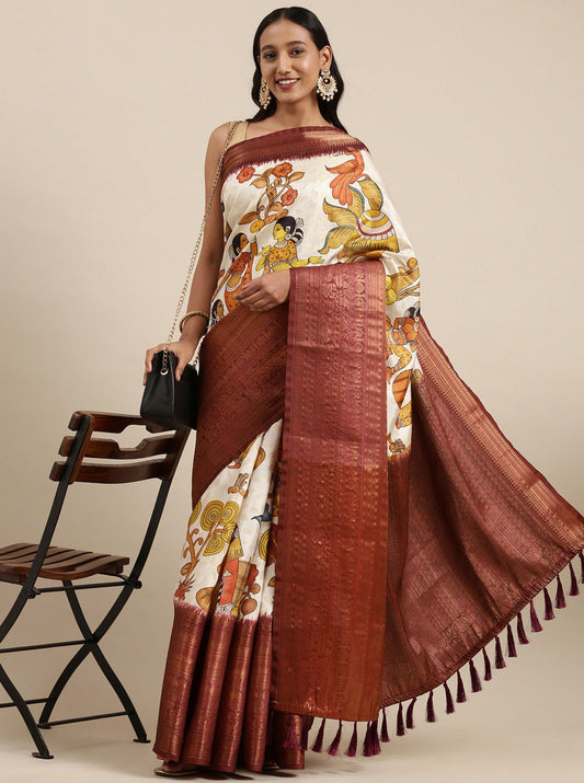 Gratifying Beige Kalamkari Printed Saree With Jazzy Blouse Piece