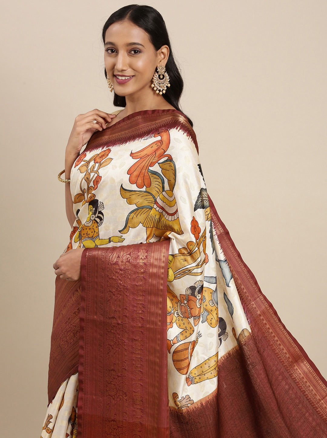 Gratifying Beige Kalamkari Printed Saree With Jazzy Blouse Piece