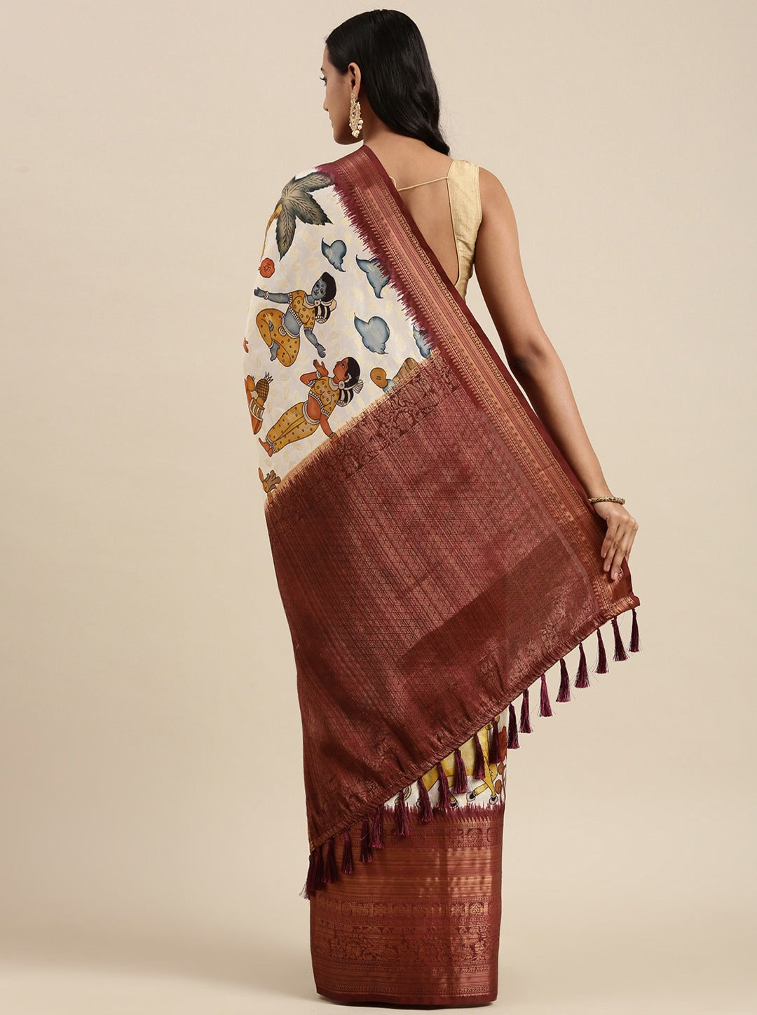 Gratifying Beige Kalamkari Printed Saree With Jazzy Blouse Piece