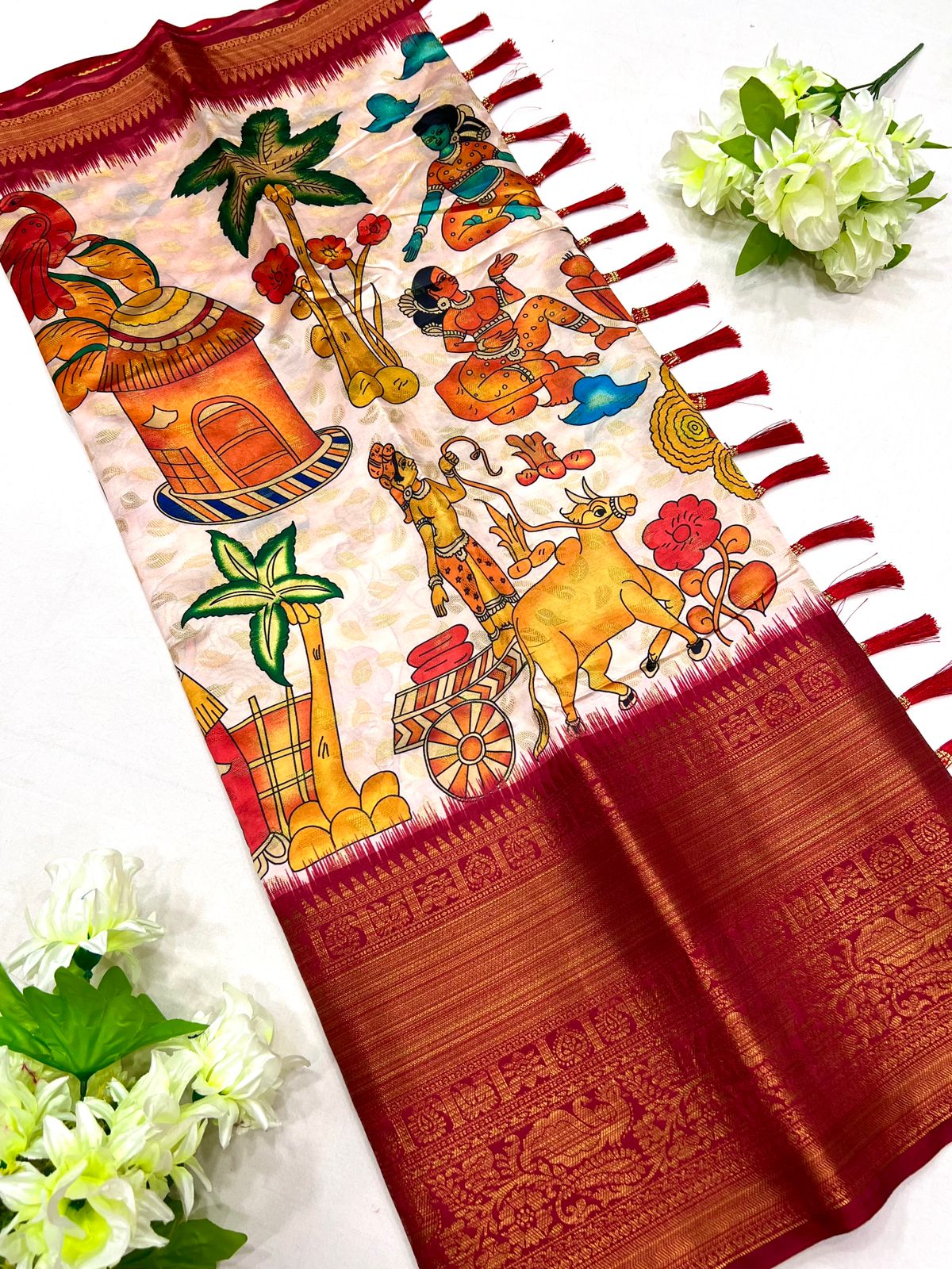 Gratifying Beige Kalamkari Printed Saree With Jazzy Blouse Piece