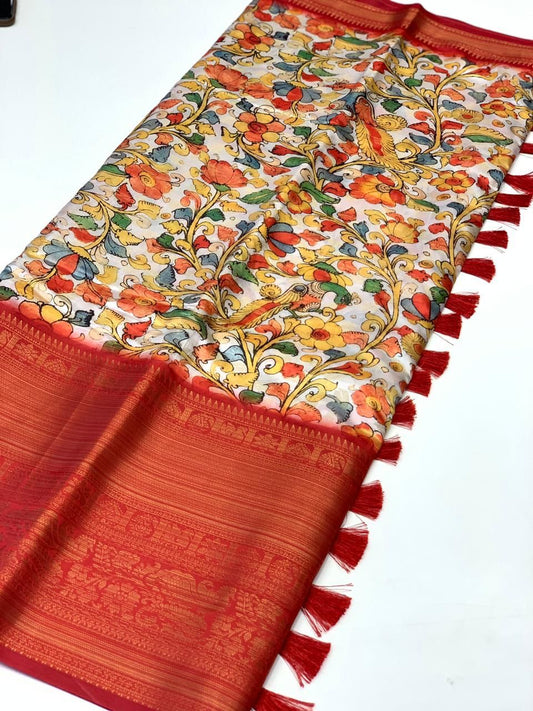 Gratifying Beige Kalamkari Printed Saree With Desiring Blouse Piece