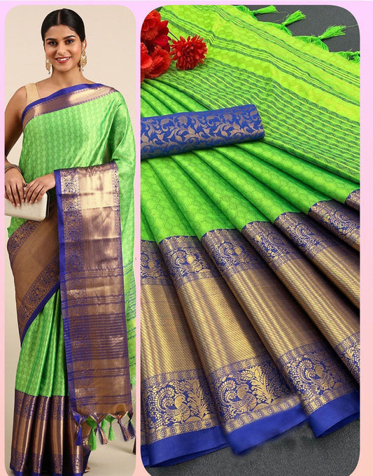 Green & Blue Silk Saree With Weaving Work