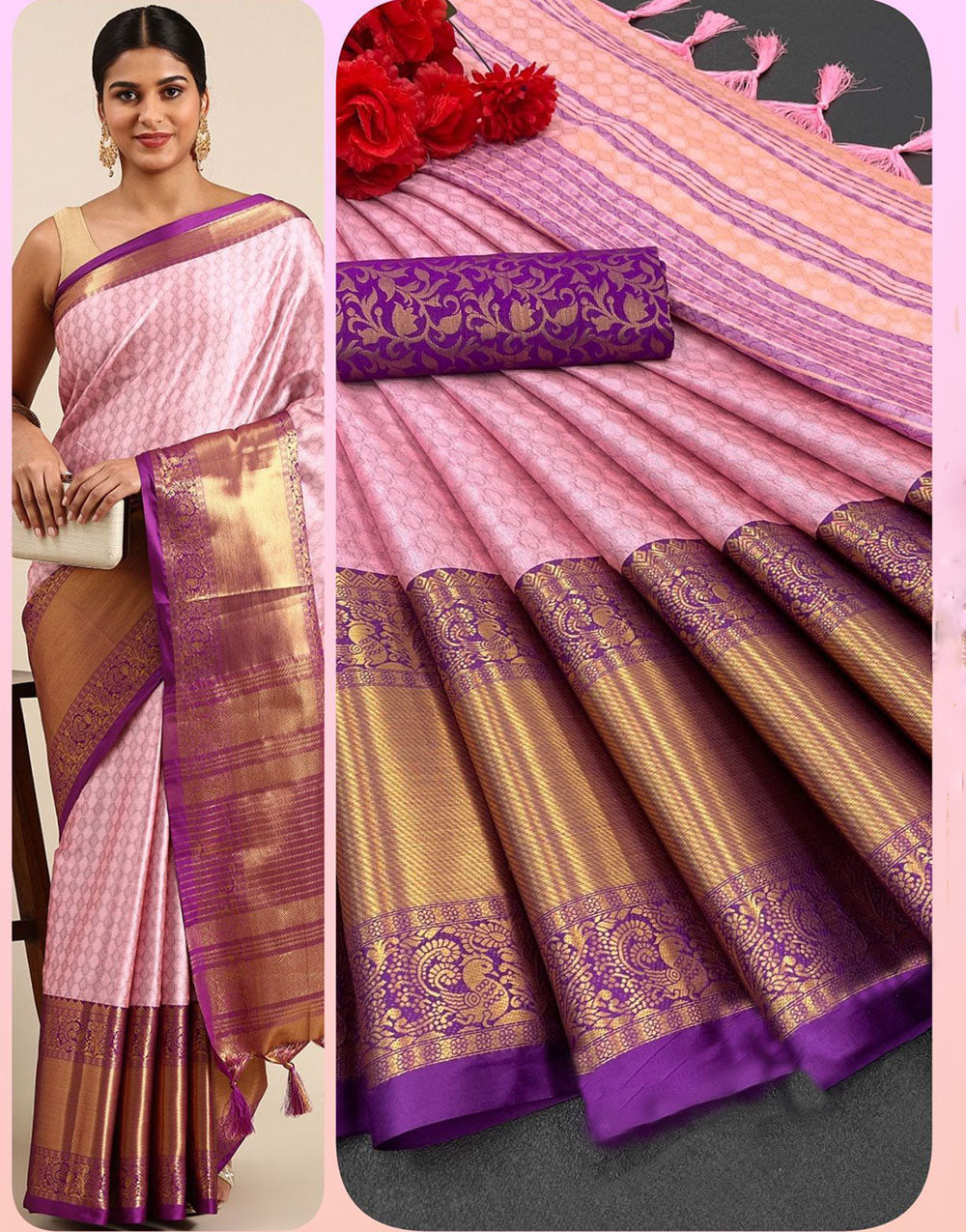 Baby Pink & Purple Silk Saree With Weaving Work