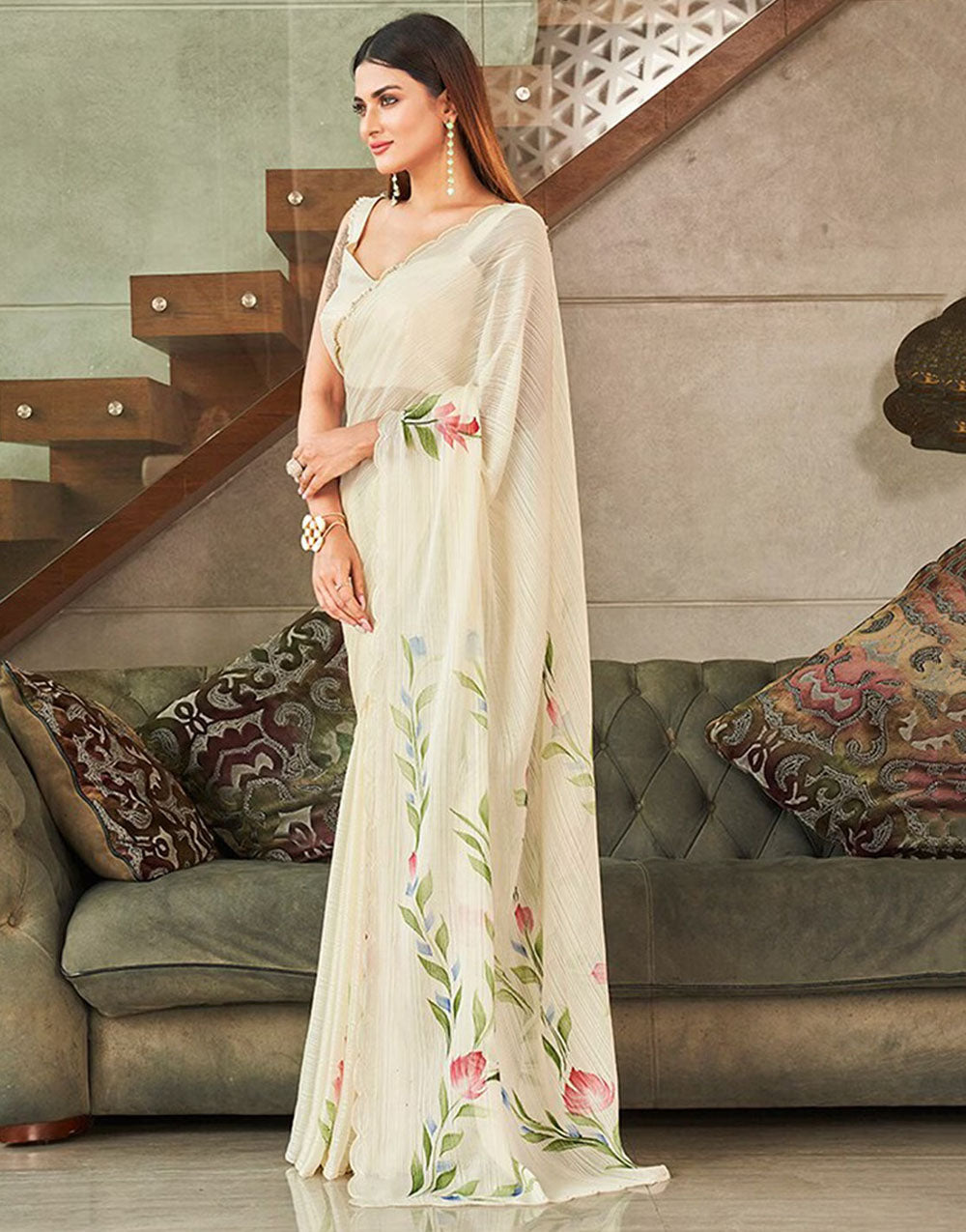 Off White Satin Saree With Printed Work