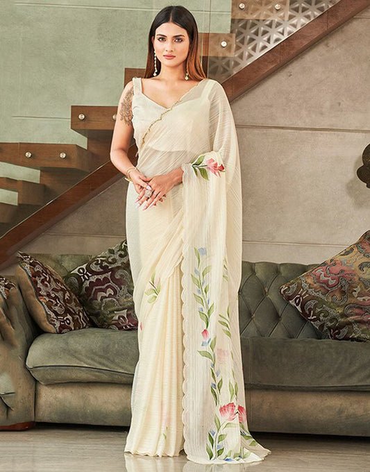 Off White Satin Saree With Printed Work