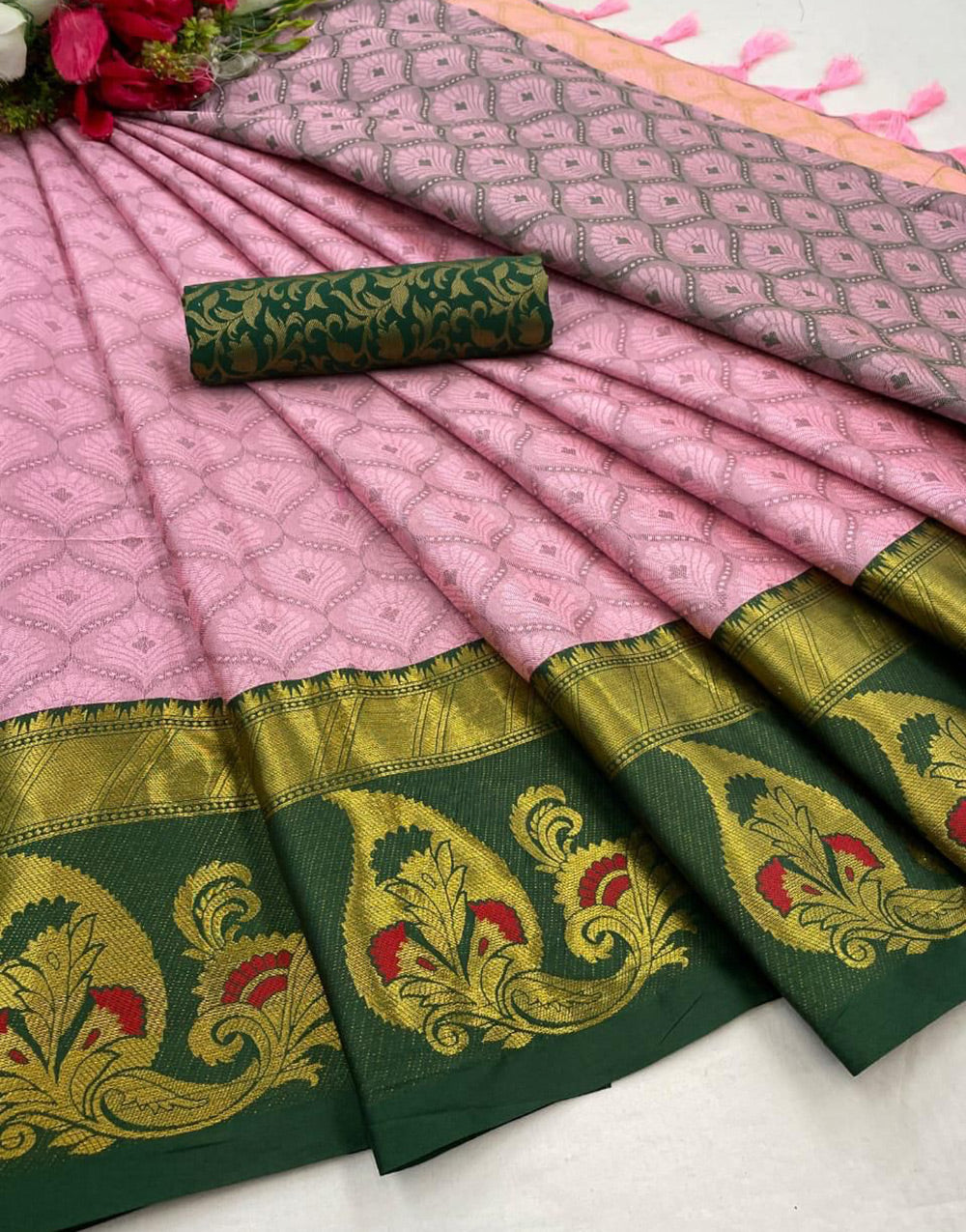 Baby Pink & Green Silk Saree With Zari Weaving Border