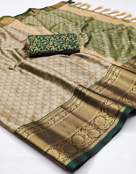 Beige & Green Silk Saree With Weaving Work