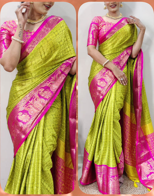 Parrot Green Silk Saree With Zari Weaving Border