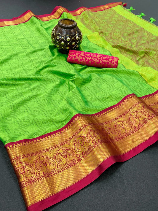 Parrot & Red Silk Saree With Weaving Work