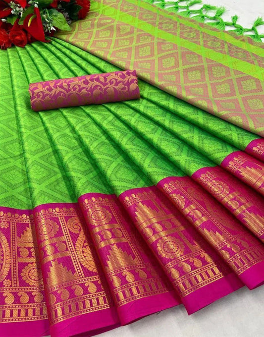 Parrot Green & Pink Silk Saree With Weaving Work