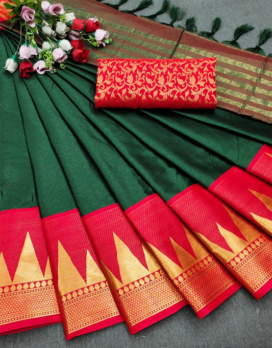 Green & Red Silk Saree With Weaving Work