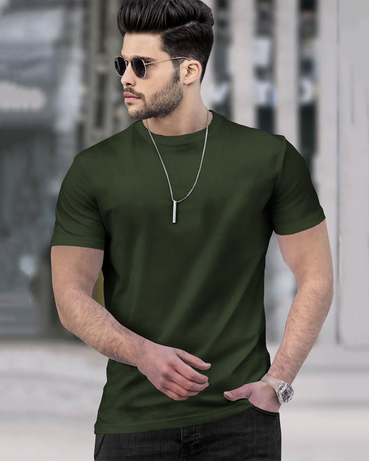 (Pack Of 1) Men Half Sleeve Round Neck Plain T-shirt / Olive Green