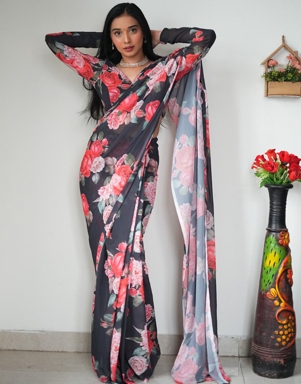 Black Georgette Ready To Wear Saree With Floral Printed Work