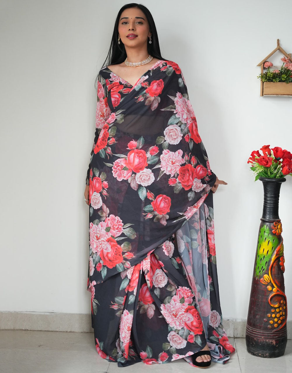 Black Georgette Ready To Wear Saree With Floral Printed Work