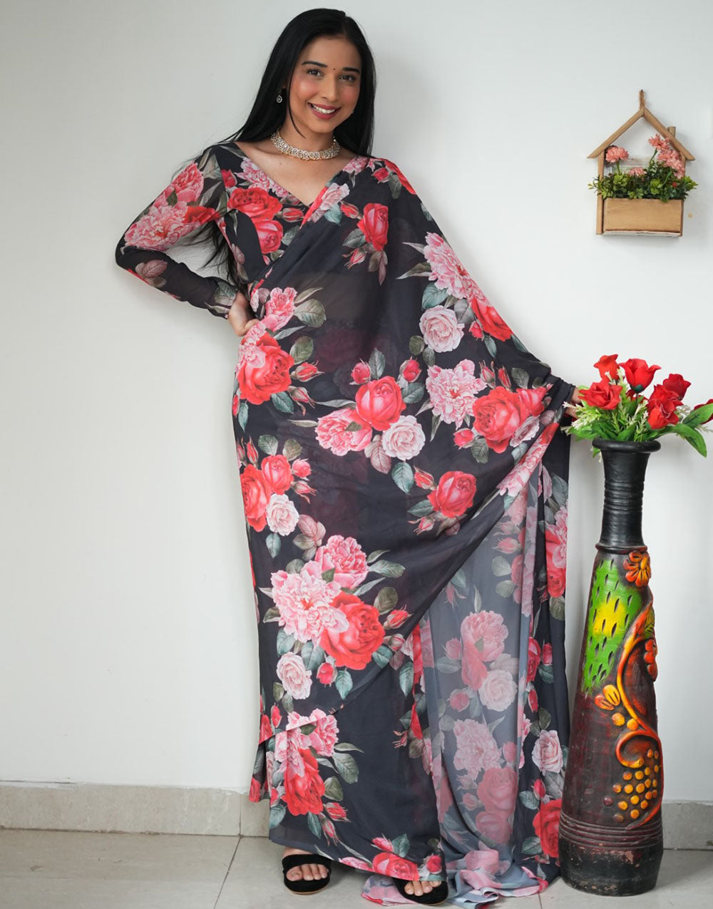 Black Georgette Ready To Wear Saree With Floral Printed Work