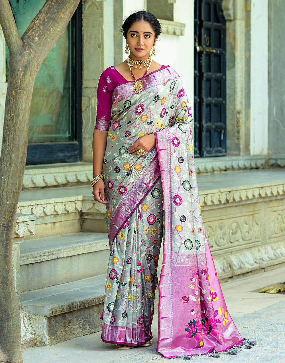 Ash Grey & Magenta Paithani Silk Saree With Floral Zari Weaving Work