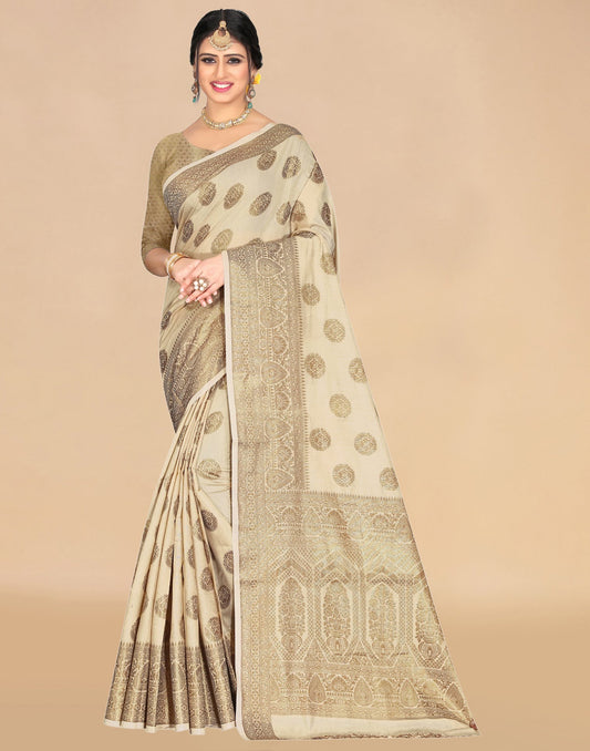 Beige And Golden Cotton Saree