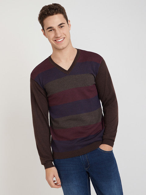 Park Avenue Men Brown Stripe Regular Acrylic Blend Full Sleeve Sweater