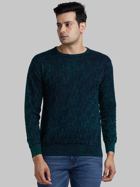 Park Avenue Men Green Solid Regular Cotton Sweater