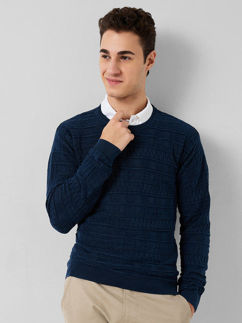 Park Avenue Men Blue Solid Regular Cotton Sweater