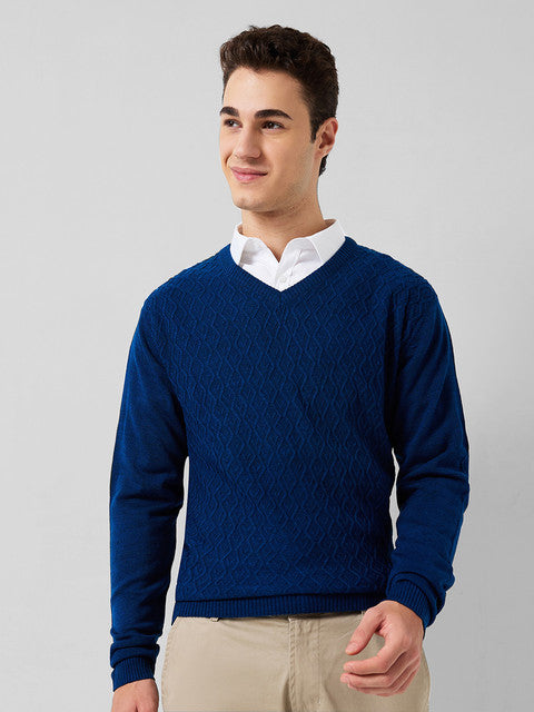 Park Avenue Men Blue Structure Regular Acrylic Sweater