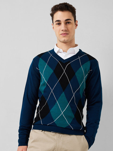 Park Avenue Men Blue Argyle Regular Acrylic Sweater