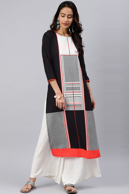 Black Polyester Abstract Print Straight Kurta PK1455