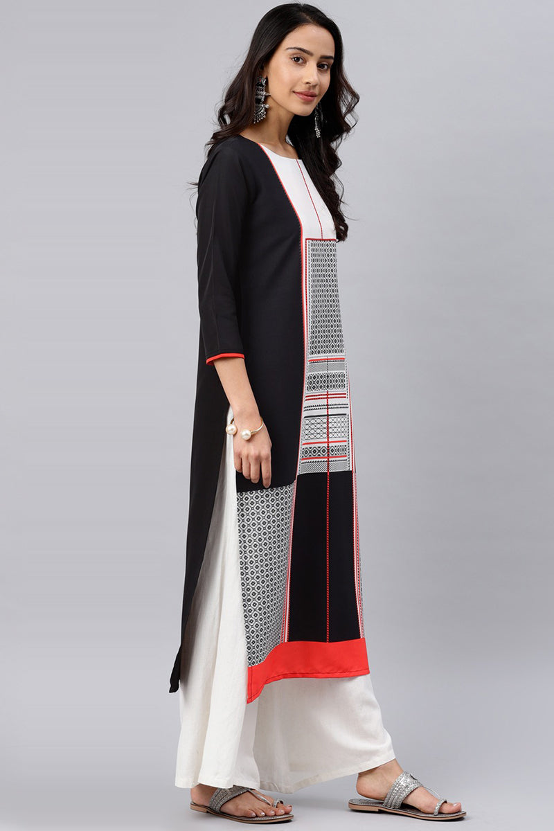 Black Polyester Abstract Print Straight Kurta PK1455