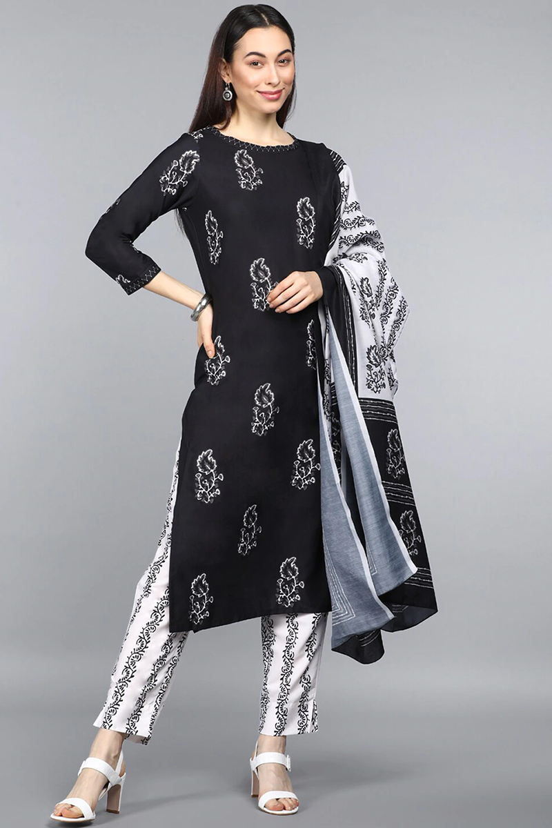 Black Crepe Ethnic Motifs Printed Straight Kurta Pant Dupatta Set PKSKD1029