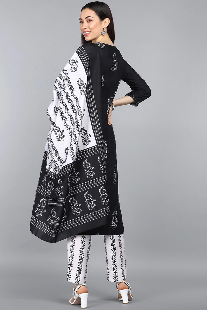 Black Crepe Ethnic Motifs Printed Straight Kurta Pant Dupatta Set PKSKD1029