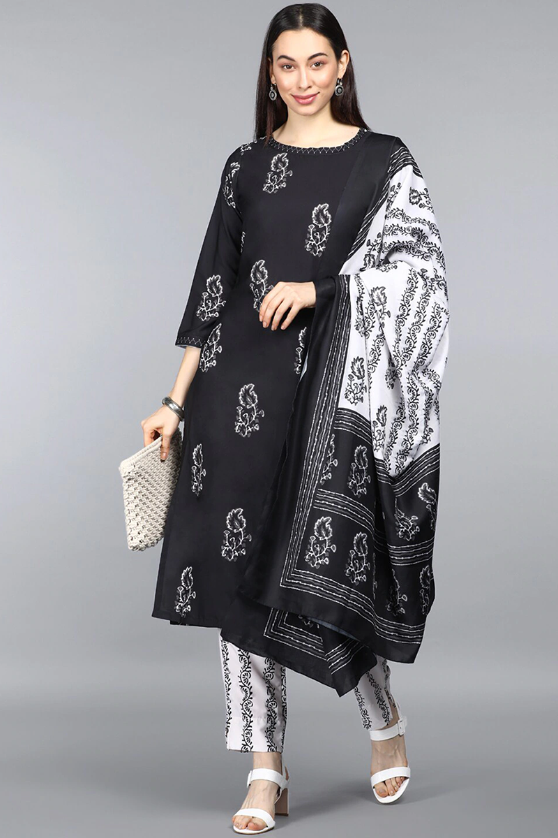 Black Crepe Ethnic Motifs Printed Straight Kurta Pant Dupatta Set PKSKD1029