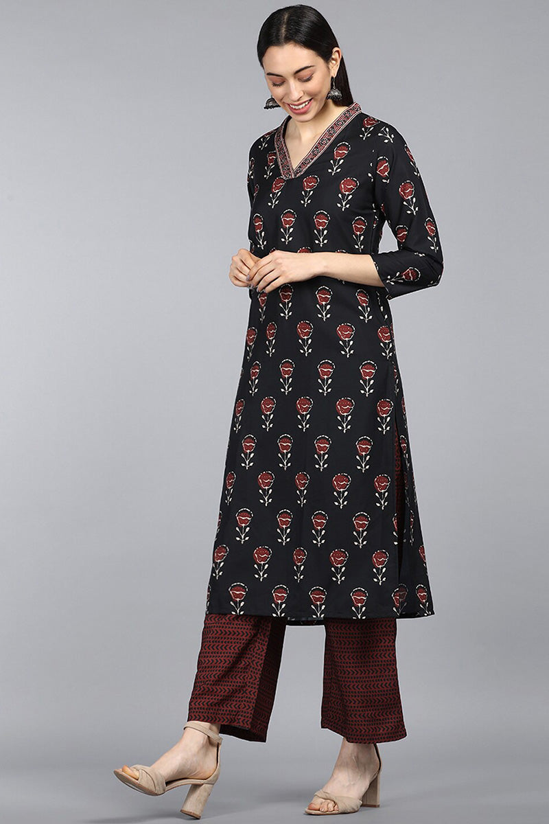 Black Polyester Ethnic Motifs Straight Suit Set PKSKD1035