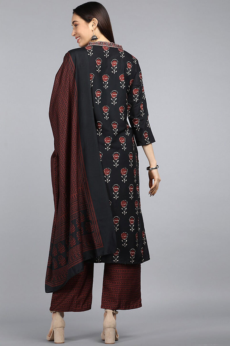 Black Polyester Ethnic Motifs Straight Suit Set PKSKD1035