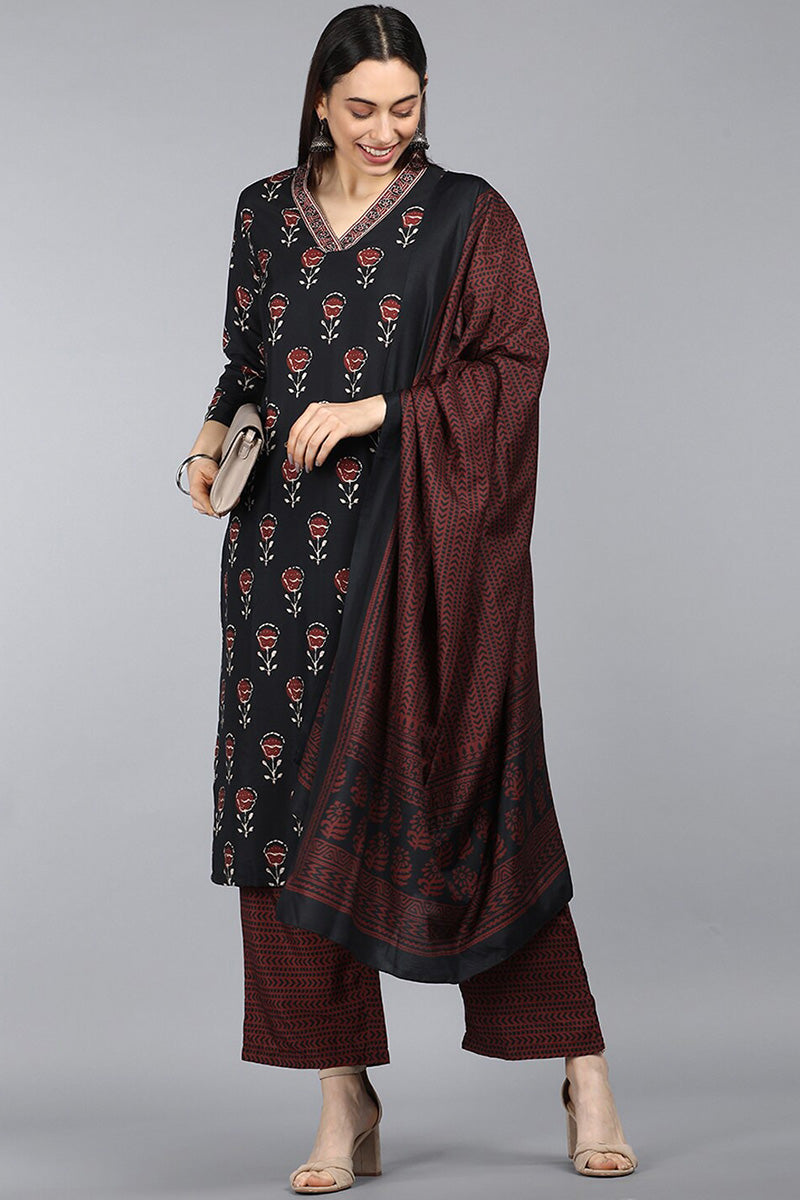 Black Polyester Ethnic Motifs Straight Suit Set PKSKD1035