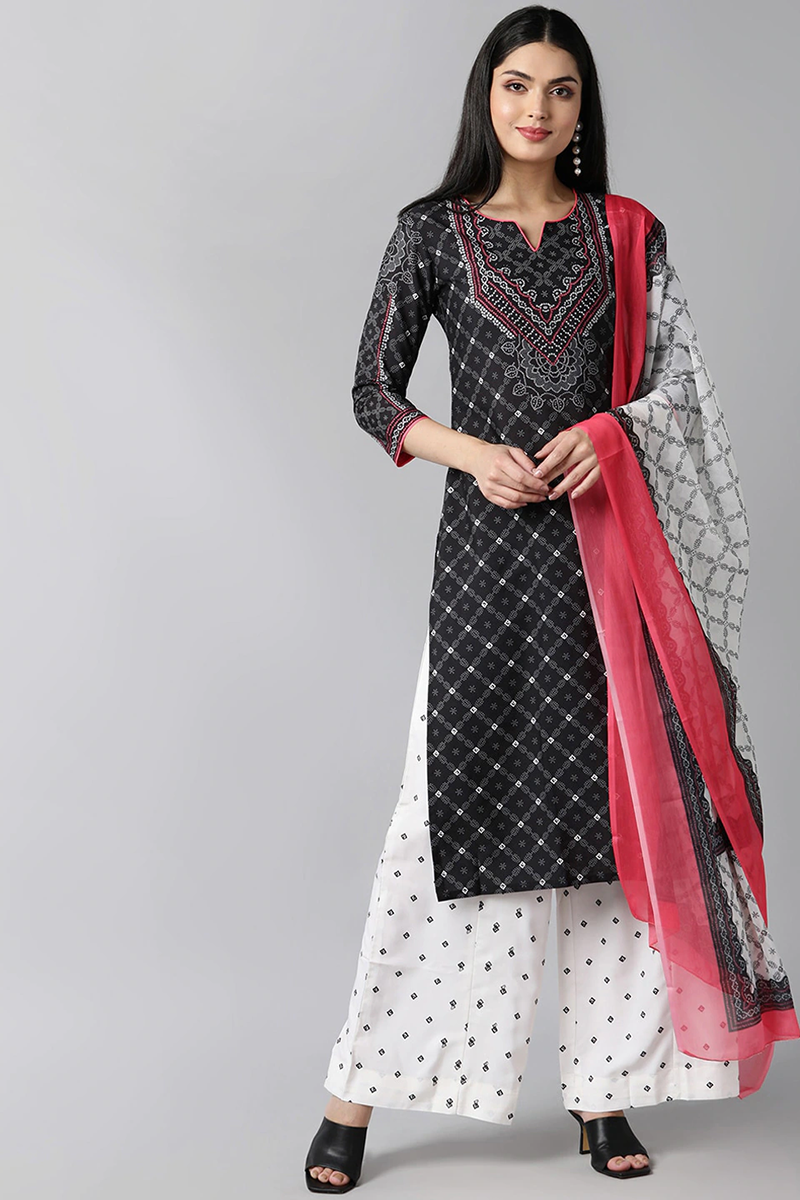 Black Polyester Straight Kurta Palazzo With Dupatta PKSKD1068